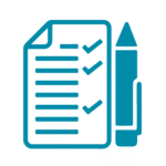 Blue icon of a pen next to a check list